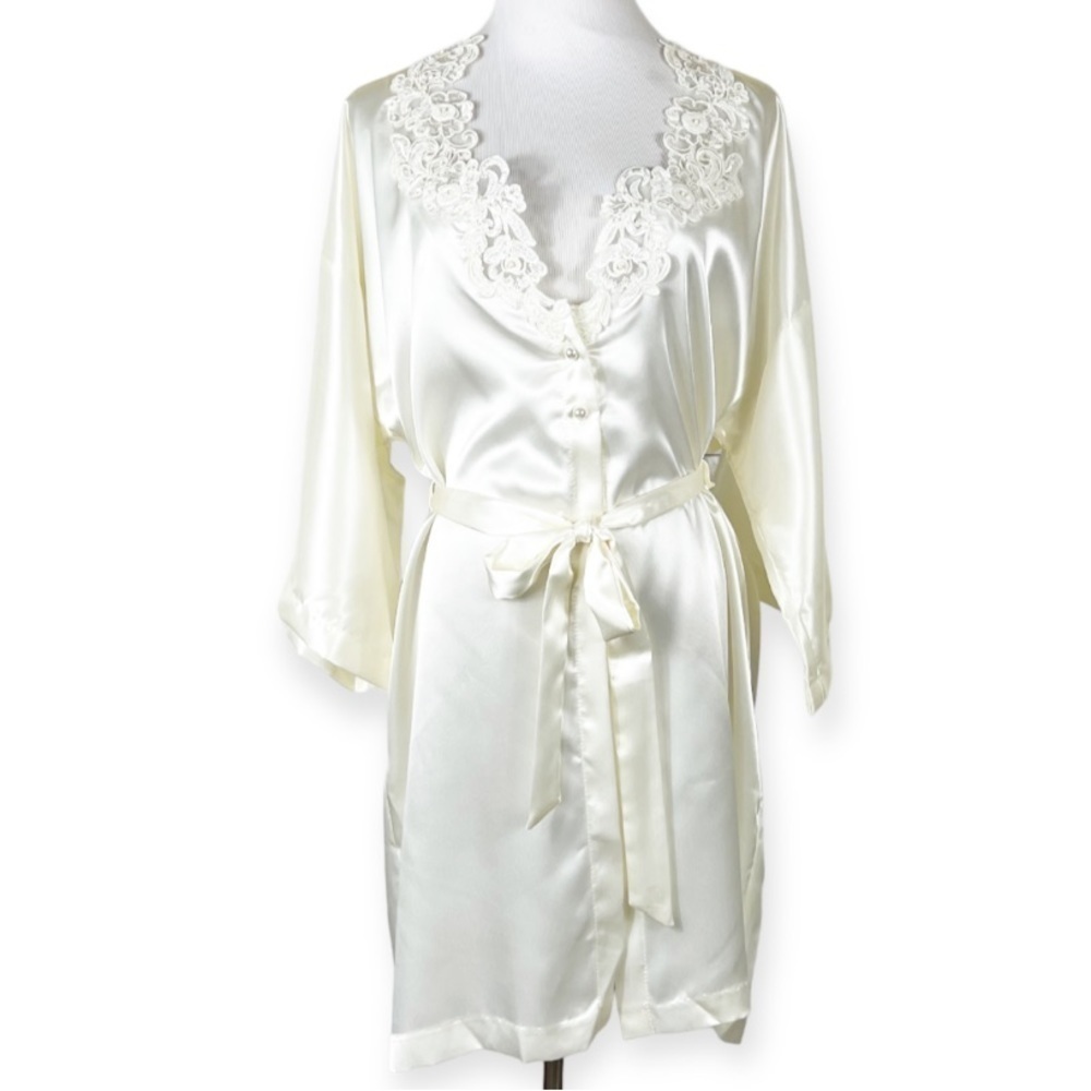 Vintage California Peignoir Satin Robe Ivory Sequins Faux Pearls Small